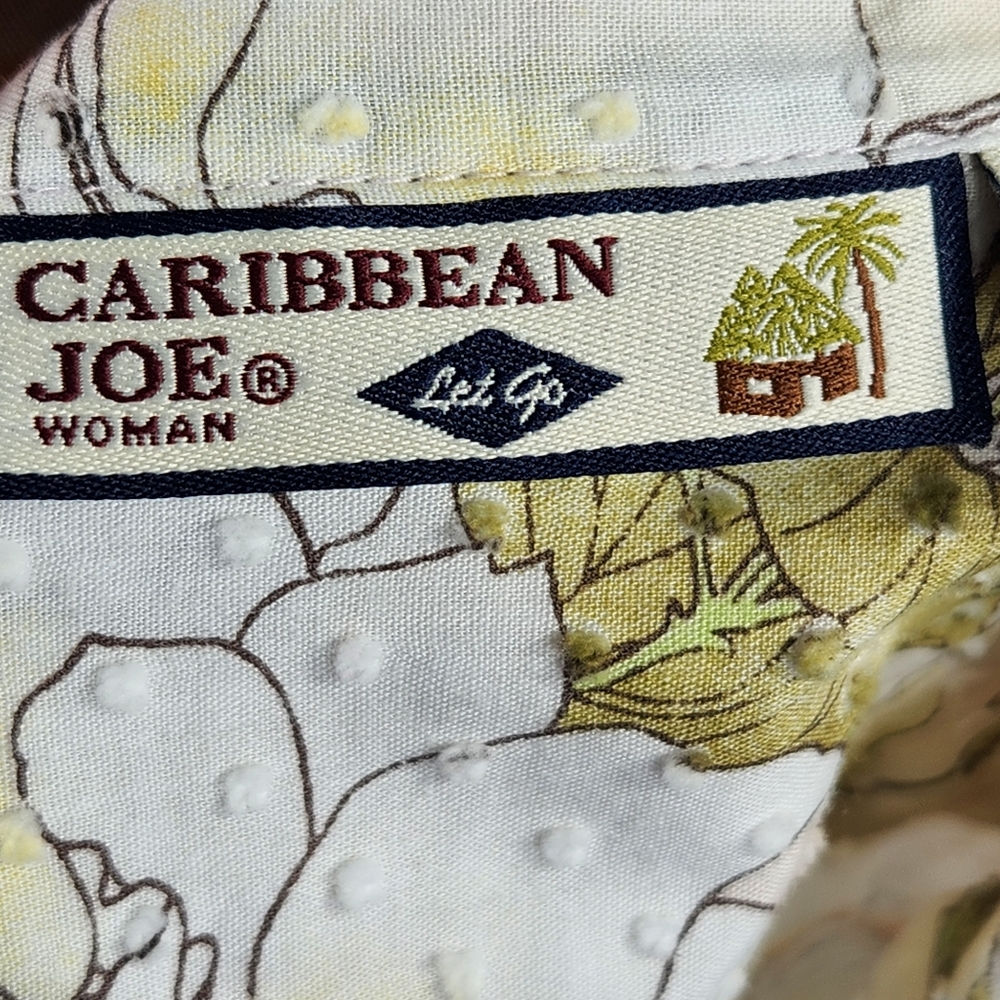 Caribbean Joe White & Multi Swiss Dot Floral V Neck Button Down Top Size 1X - Picture 6 of 8